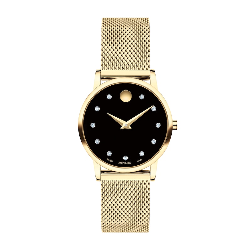 Ladies' Movado Museum Classic 0.04 CT. T.W. Diamond Gold-Tone IP Mesh Watch with Black Dial (Model: 0607628)|Peoples Jewellers