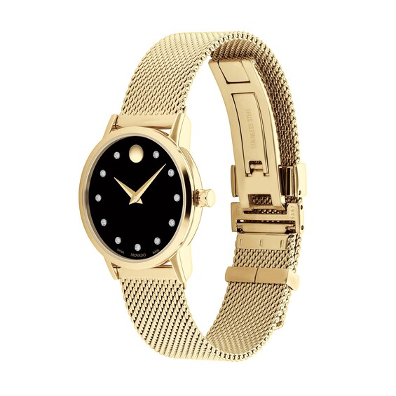 Ladies' Movado Museum Classic 0.04 CT. T.W. Diamond Gold-Tone IP Mesh Watch with Black Dial (Model: 0607628)