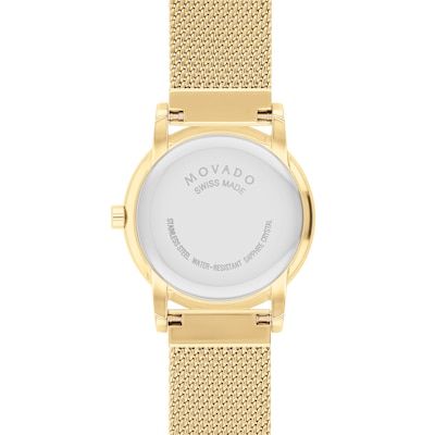 Ladies' Movado Museum Classic 0.04 CT. T.W. Diamond Gold-Tone IP Mesh Watch with Black Dial (Model: 0607628)