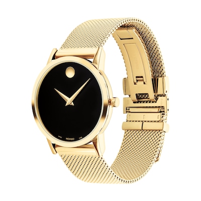 Ladies' Movado Museum Classic Gold-Tone PVD Mesh Watch with Black Dial (Model: 0607647)