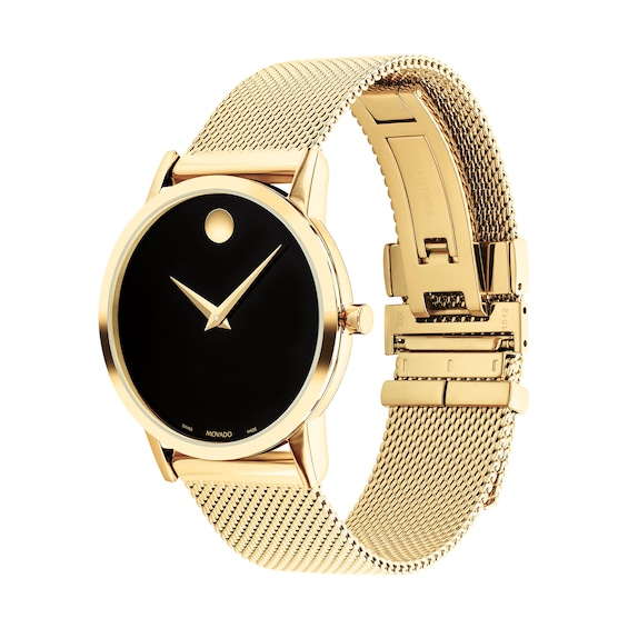 Ladies' Movado Museum Classic Gold-Tone PVD Mesh Watch with Black Dial (Model: 0607647)