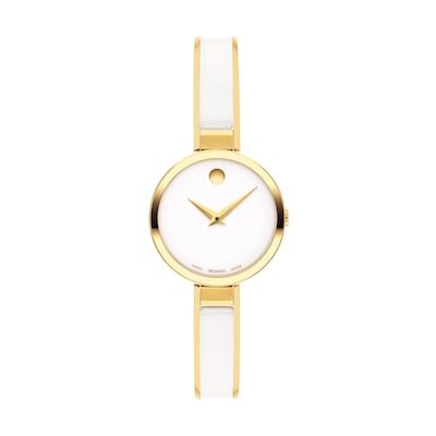 Ladies' Movado Moda Two-Tone PVD Ceramic Bangle Watch with White Dial (Model: 0607715)