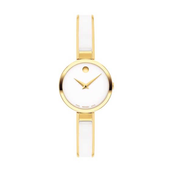 Ladies' Movado Moda Two-Tone PVD Ceramic Bangle Watch with White Dial (Model: 0607715)