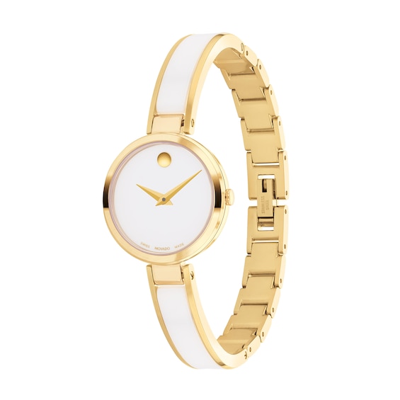 Ladies' Movado Moda Two-Tone PVD Ceramic Bangle Watch with White Dial (Model: 0607715)