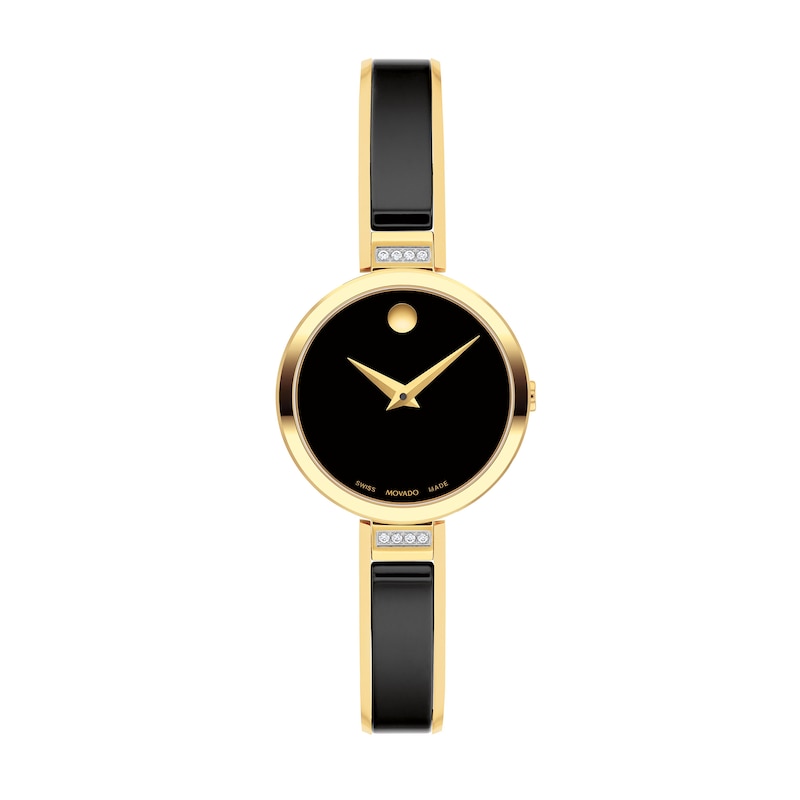 Lades' Movado Moda Diamond Accent Two-Tone PVD Ceramic Bangle Watch with Black Dial (Model: 0607716)|Peoples Jewellers