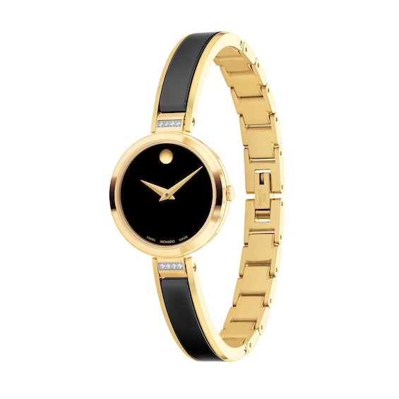 Lades' Movado Moda Diamond Accent Two-Tone PVD Ceramic Bangle Watch with Black Dial (Model: 0607716)