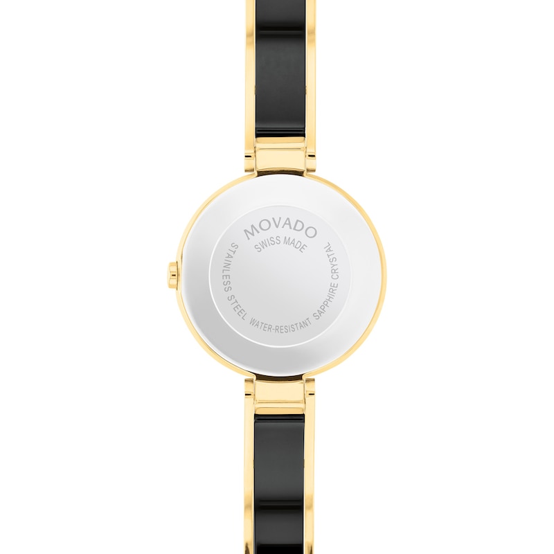 Lades' Movado Moda Diamond Accent Two-Tone PVD Ceramic Bangle Watch with Black Dial (Model: 0607716)|Peoples Jewellers