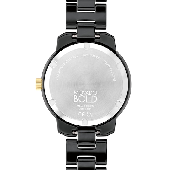 Ladies' Movado Bold® Verso Gold-Tone IP and Black Ceramic Watch with Black Dial (Model: 3600936)