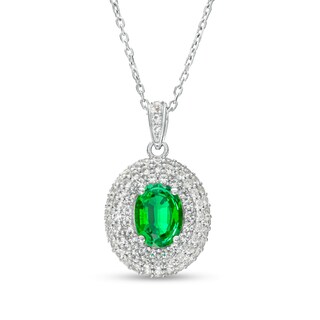 Oval Lab-Created Emerald and White Lab-Created Sapphire Triple Frame Pendant in Sterling Silver