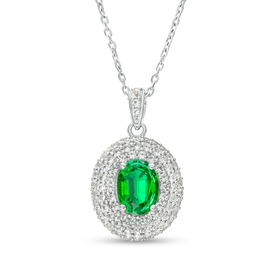 Oval Lab-Created Emerald and White Lab-Created Sapphire Triple Frame Pendant in Sterling Silver