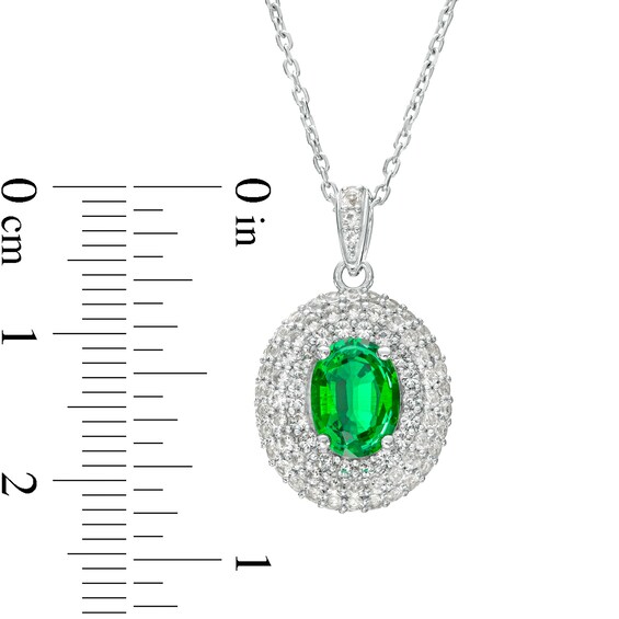 Oval Lab-Created Emerald and White Lab-Created Sapphire Triple Frame Pendant in Sterling Silver