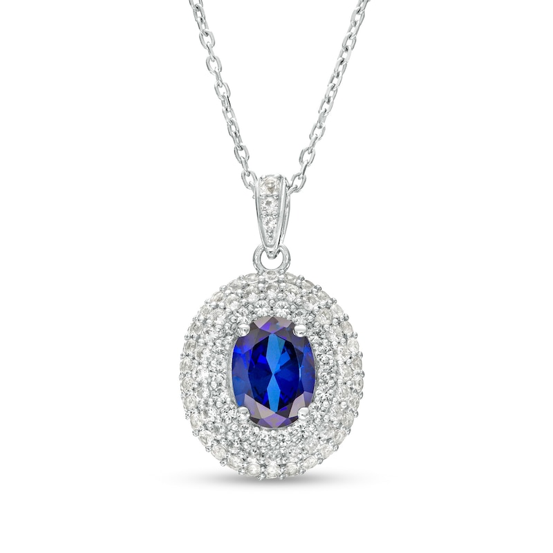 Oval Blue and White Lab-Created Sapphire Triple Frame Pendant in Sterling Silver