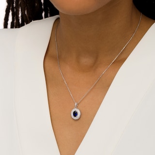 Oval Blue and White Lab-Created Sapphire Triple Frame Pendant in Sterling Silver