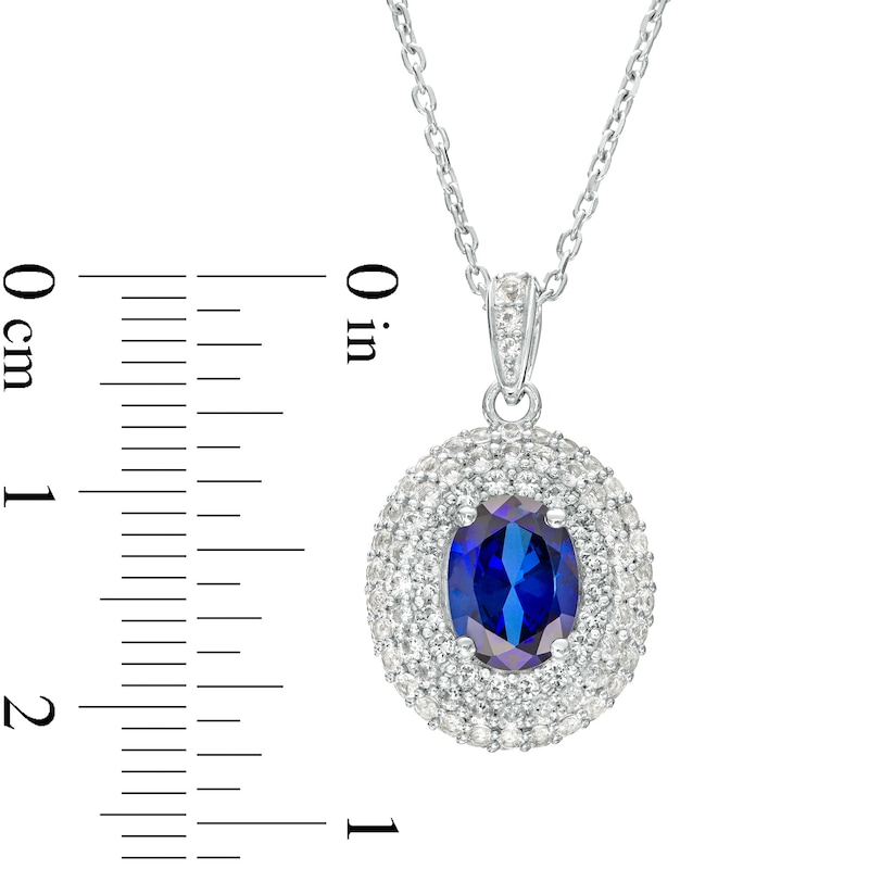 Oval Blue and White Lab-Created Sapphire Triple Frame Pendant in Sterling Silver
