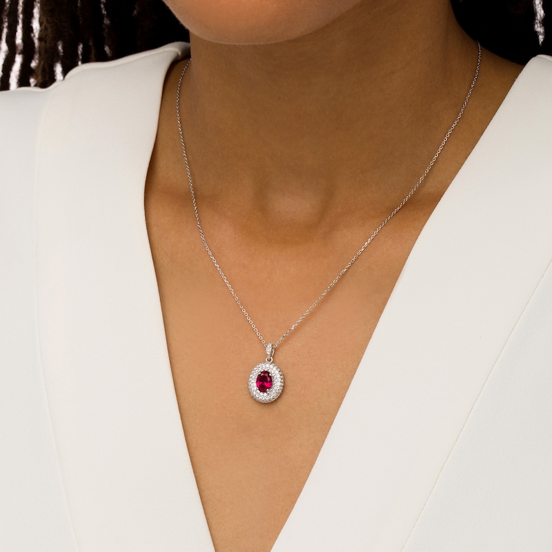 Oval Lab-Created Ruby and White Lab-Created Sapphire Triple Frame Pendant in Sterling Silver|Peoples Jewellers