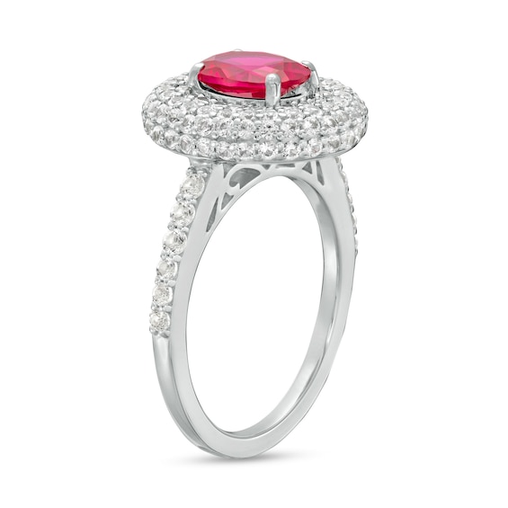 Oval Lab-Created Ruby and White Lab-Created Sapphire Stacked Multi-Row Frame Ring in Sterling Silver