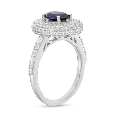 Oval Blue and White Lab-Created Sapphire Stacked Multi-Row Frame Ring in Sterling Silver