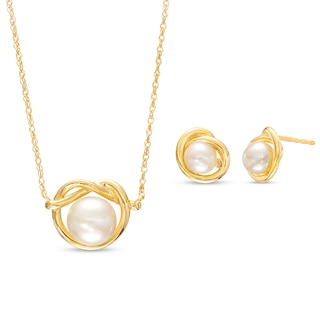 Freshwater Cultured Pearl Love Knot Necklace and Stud Earrings Set in 10K Gold