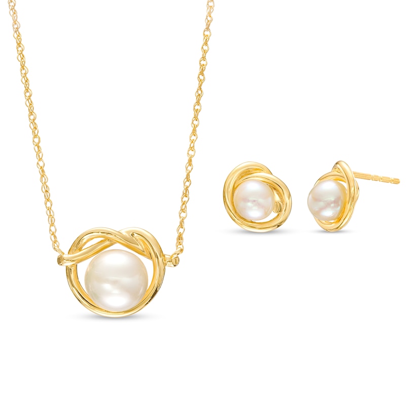 Freshwater Cultured Pearl Love Knot Necklace and Stud Earrings Set in 10K Gold|Peoples Jewellers