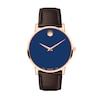 Men's Movado Museum Classic Rose-Tone IP Brown Leather Strap Watch with Blue Dial (Model: 0607597)