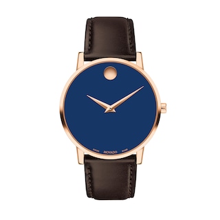 Men's Movado Museum Classic Rose-Tone IP Brown Leather Strap Watch with Blue Dial (Model: 0607597)