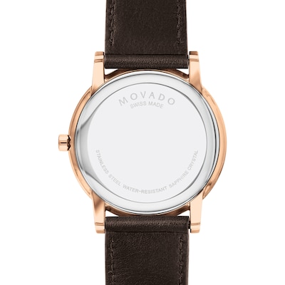 Men's Movado Museum Classic Rose-Tone IP Brown Leather Strap Watch with Blue Dial (Model: 0607597)