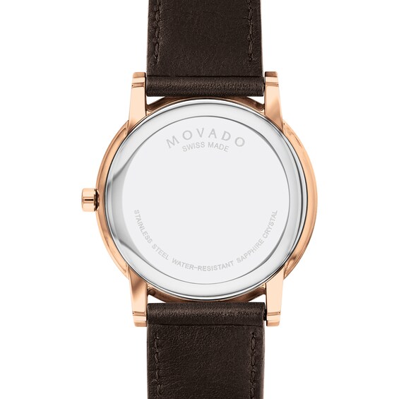 Men's Movado Museum Classic Rose-Tone IP Brown Leather Strap Watch with Blue Dial (Model: 0607597)