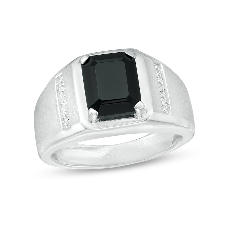 Emerald-Cut Faceted Onyx and Diamond Accent Ring in Sterling Silver