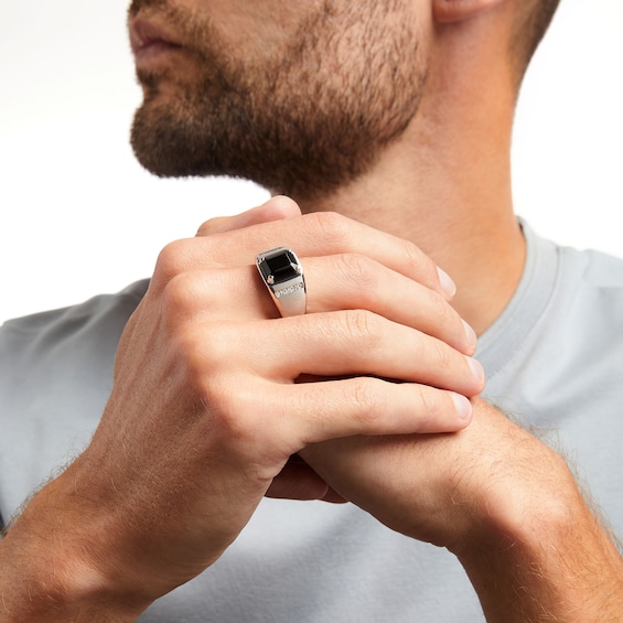 Emerald-Cut Faceted Onyx and Diamond Accent Ring in Sterling Silver