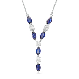 Marquise Blue and White Lab-Created Sapphire Alternating &quot;Y&quot; Necklace in Sterling Silver