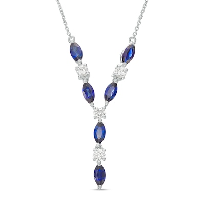 Marquise Blue and White Lab-Created Sapphire Alternating "Y" Necklace in Sterling Silver