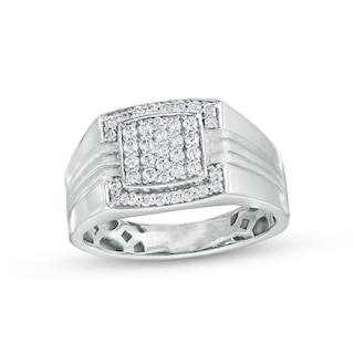 Men's 0.45 CT. T.W. Cushion-Shaped Multi-Diamond Frame Triple Stripe Ring in 10K White Gold