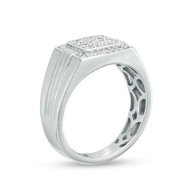 Men's 0.45 CT. T.W. Cushion-Shaped Multi-Diamond Frame Triple Stripe Ring in 10K White Gold