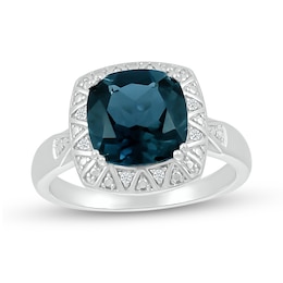 9.0mm Cushion-Cut London Blue Topaz and Diamond Accent Beaded Zig-Zag Frame Ring in Sterling Silver