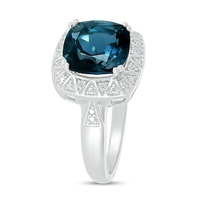 9.0mm Cushion-Cut London Blue Topaz and Diamond Accent Beaded Zig-Zag Frame Ring in Sterling Silver