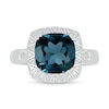 9.0mm Cushion-Cut London Blue Topaz and Diamond Accent Beaded Zig-Zag Frame Ring in Sterling Silver