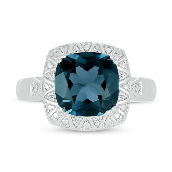 9.0mm Cushion-Cut London Blue Topaz and Diamond Accent Beaded Zig-Zag Frame Ring in Sterling Silver