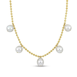 11.0-12.0mm South Sea Cultured Pearl Five Stone Dangle Station Necklace in 10K Gold-16"