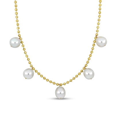 11.0-12.0mm South Sea Cultured Pearl Five Stone Dangle Station Necklace in 10K Gold-16"