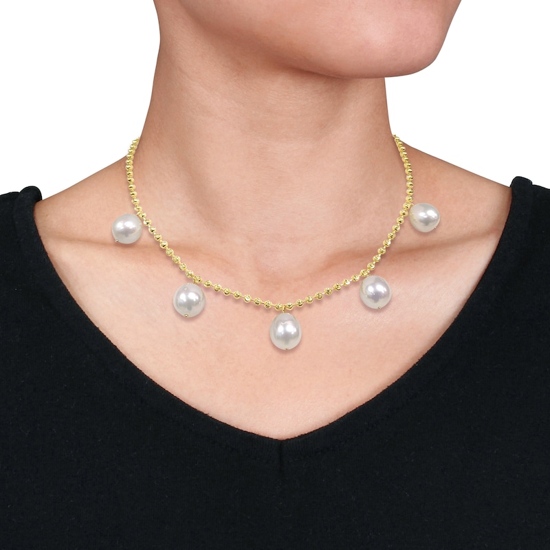 11.0-12.0mm South Sea Cultured Pearl Five Stone Dangle Station Necklace in 10K Gold-16"