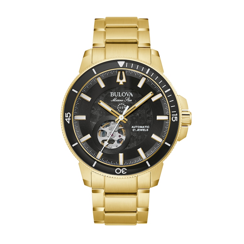 Men's Bulova Marine Star Gold-Tone Automatic Watch with Black Skeleton Dial (Model: 97A174)