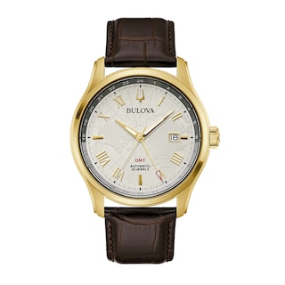 Men's Bulova Wilton Gold-Tone Automatic Brown Leather Strap Watch with White Dial (Model: 97B210)