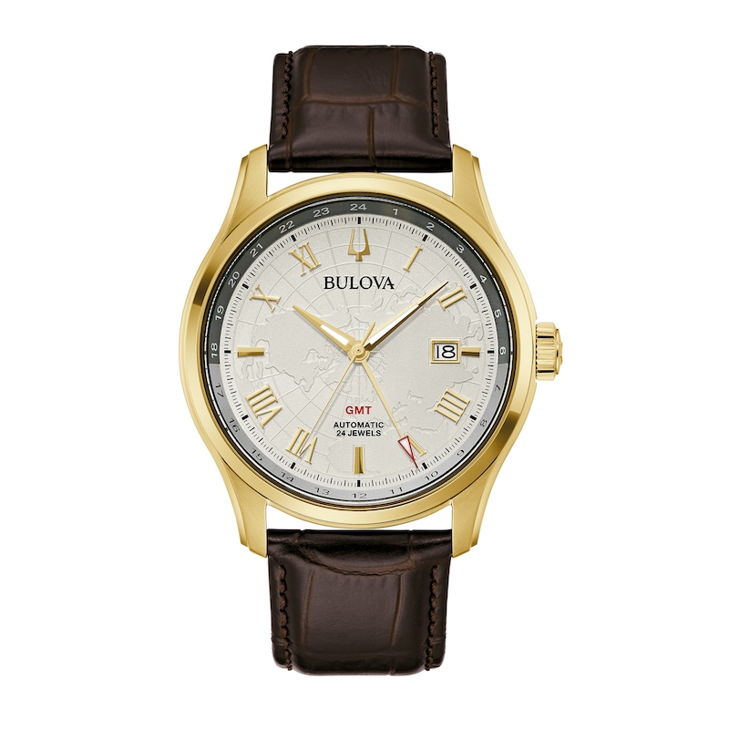 Men's Bulova Wilton Gold-Tone Automatic Brown Leather Strap Watch with White Dial (Model: 97B210)|Peoples Jewellers