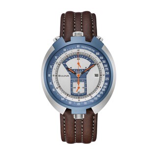 Men's Bulova Parking Metre Two-Tone Chronograph Brown Leather Strap Watch with Silver-Tone Dial (Model: 98B390)