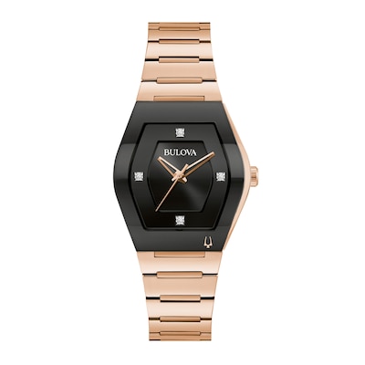 Ladies' Bulova Modern Gemini Diamond Accent Rose-Tone Strap with Tonneau Black Dial (Model: 97P158)