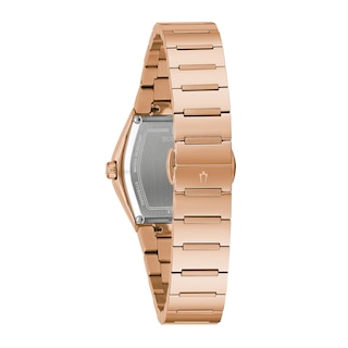 Ladies' Bulova Modern Gemini Diamond Accent Rose-Tone Strap with Tonneau Black Dial (Model: 97P158)