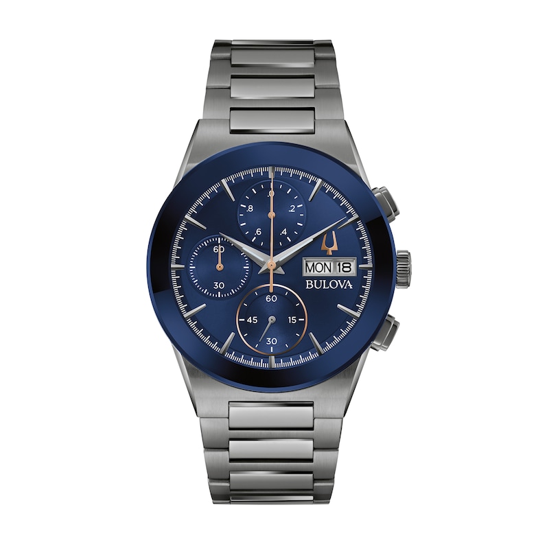 Men's Bulova Modern Millennia Two-Tone IP Chronograph watch with Blue Dial (Model: 98C143)|Peoples Jewellers