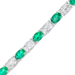 Oval Lab-Created Emerald and Cushion-Cut White Lab-Created Sapphire Alternating Line Bracelet in Sterling Silver – 7.25&quot;