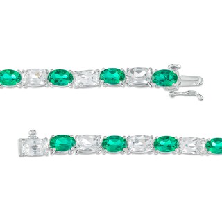 Oval Lab-Created Emerald and Cushion-Cut White Lab-Created Sapphire Alternating Line Bracelet in Sterling Silver – 7.25"