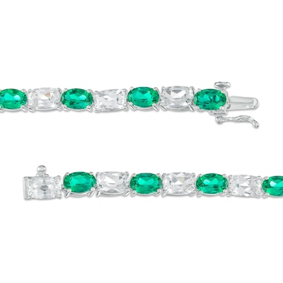 Oval Lab-Created Emerald and Cushion-Cut White Lab-Created Sapphire Alternating Line Bracelet in Sterling Silver – 7.25"